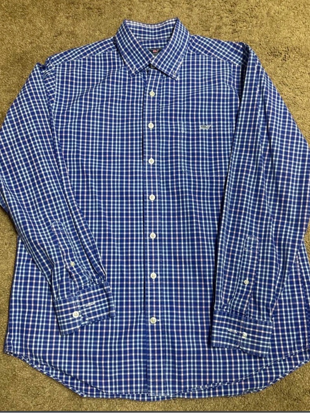 Vineyard Vines Performance Shirt Men’s Sz Large Blue Check Slim Fit Tucker